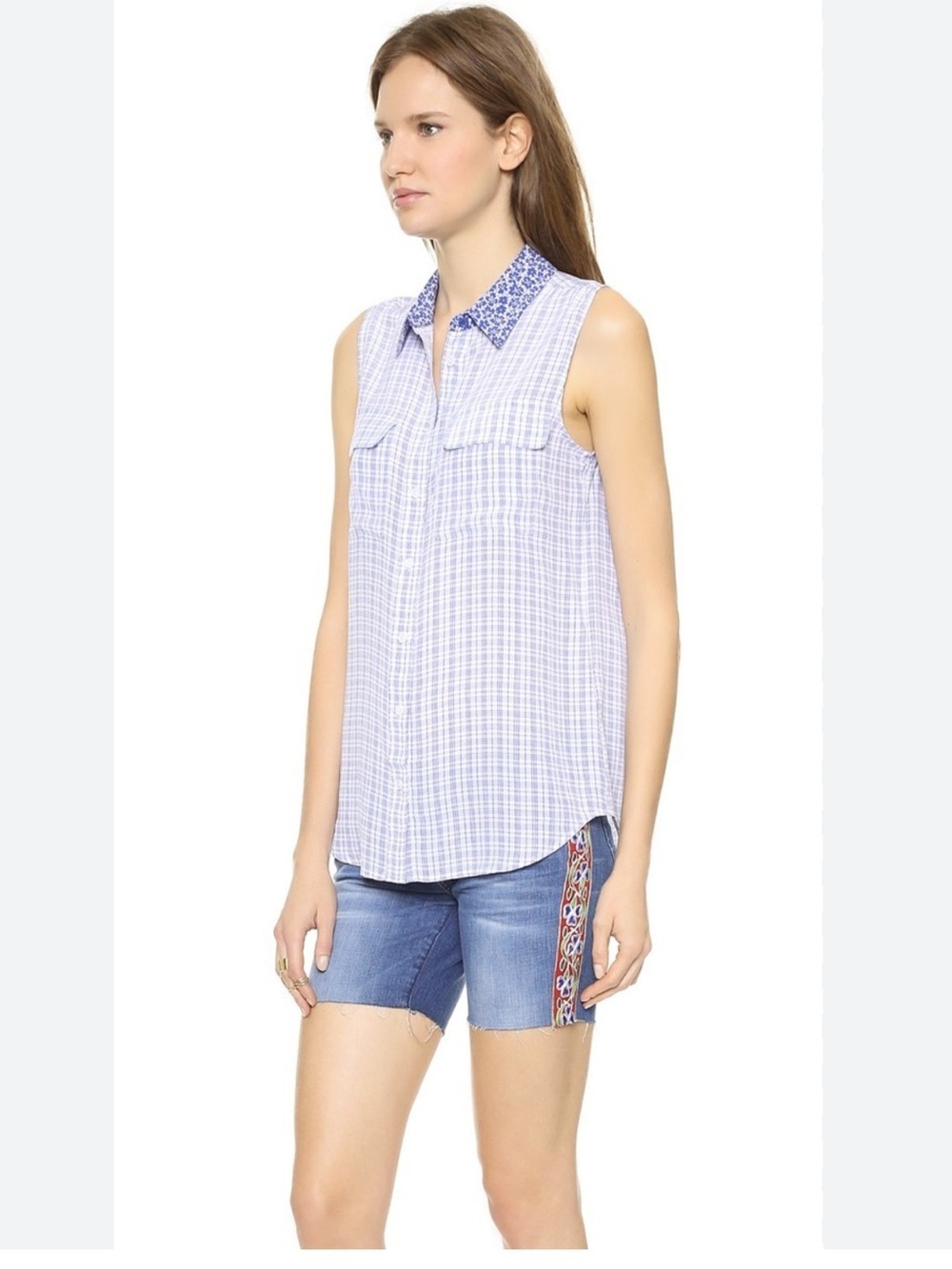 Equipment 💯 silk White and Blue Plaid Button-Up Blouse with Floral Collar